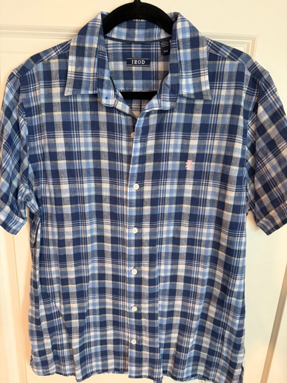 IZOD Men's Blue Plaid Button Front Short Sleeve Shirt Size Medium M